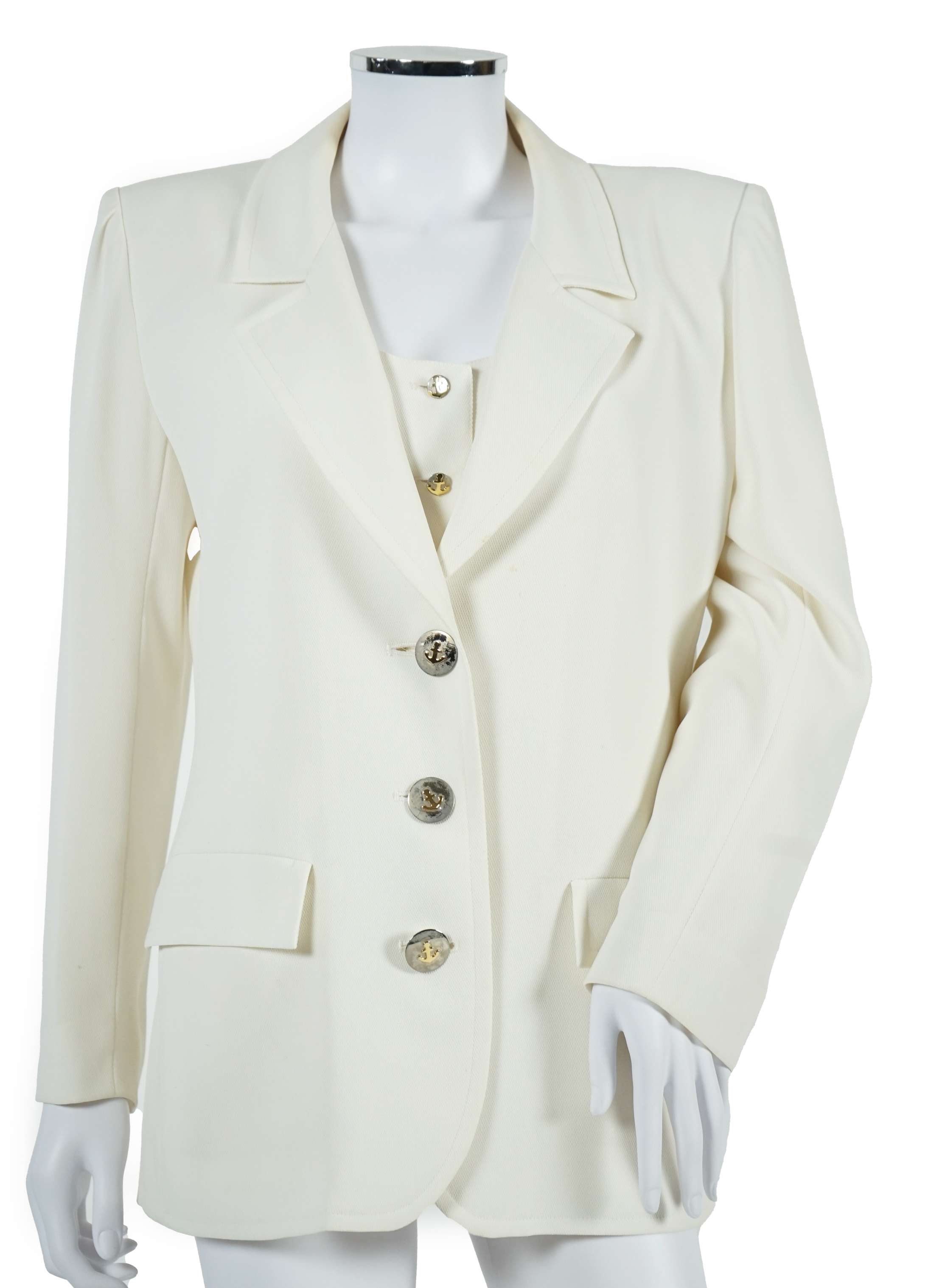A vintage Yves Saint Laurent variation lady's off white three piece trouser suit with skirt (four pieces), F 40 (UK 12). Proceeds to Happy Paws Puppy Rescue
